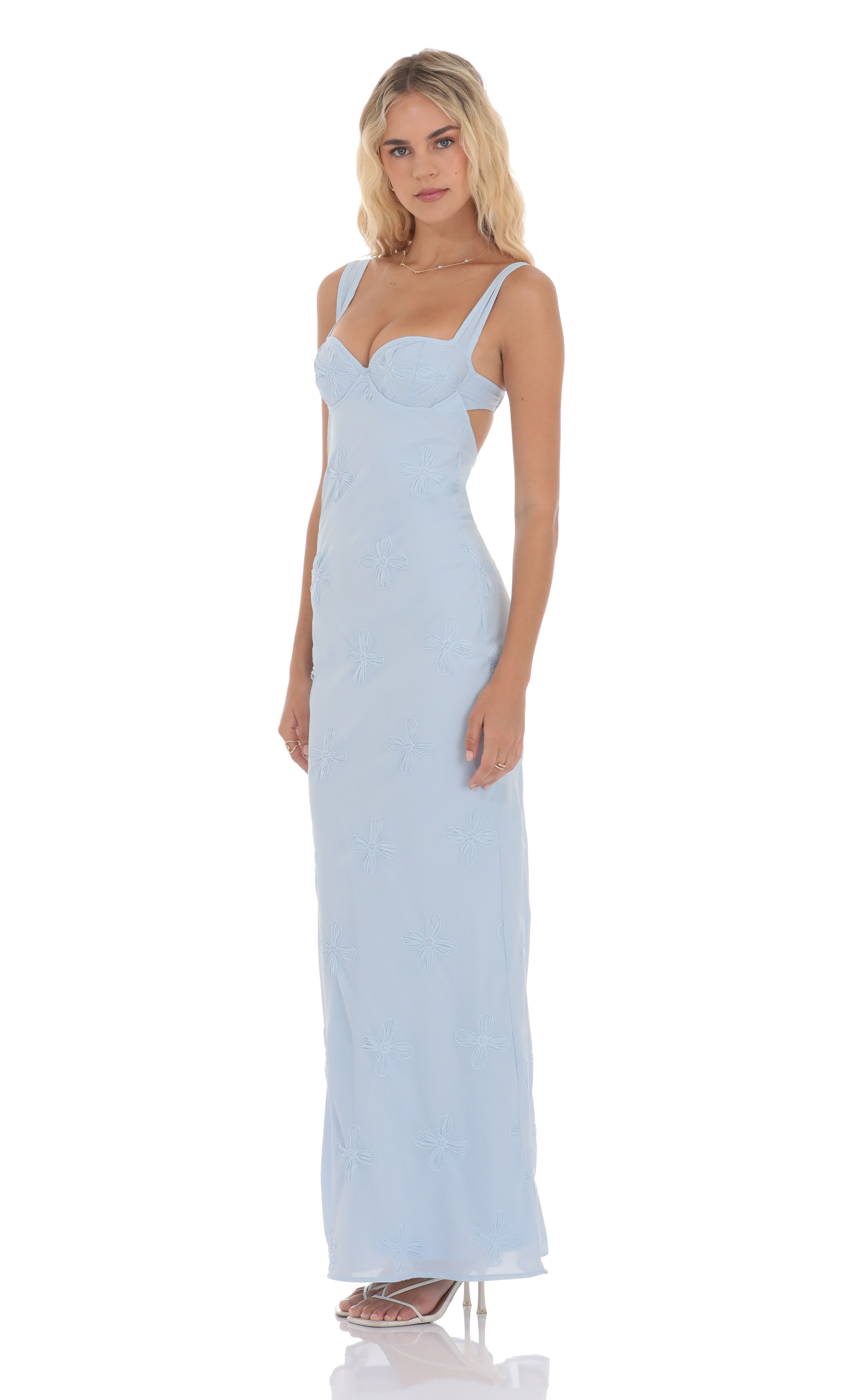 Floral Open Back Mermaid Maxi Dress in Light Blue | LUCY IN THE SKY