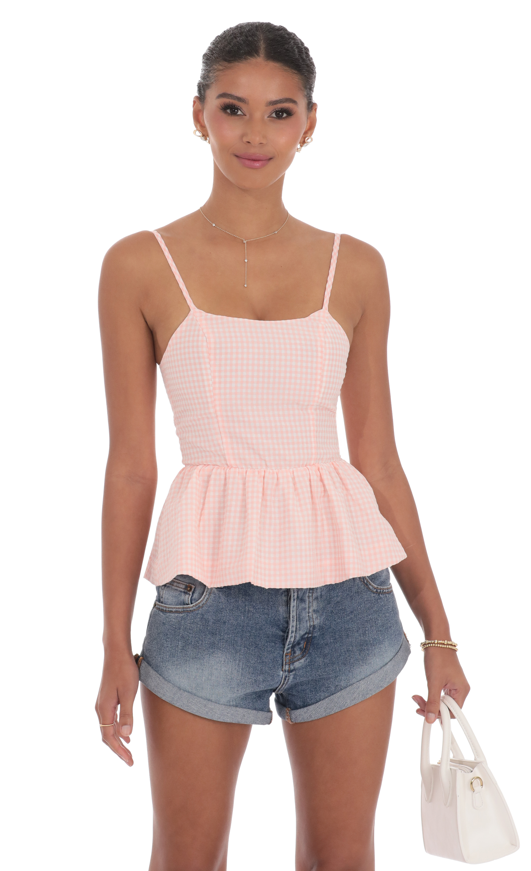 Gingham Peplum Top in Pink
