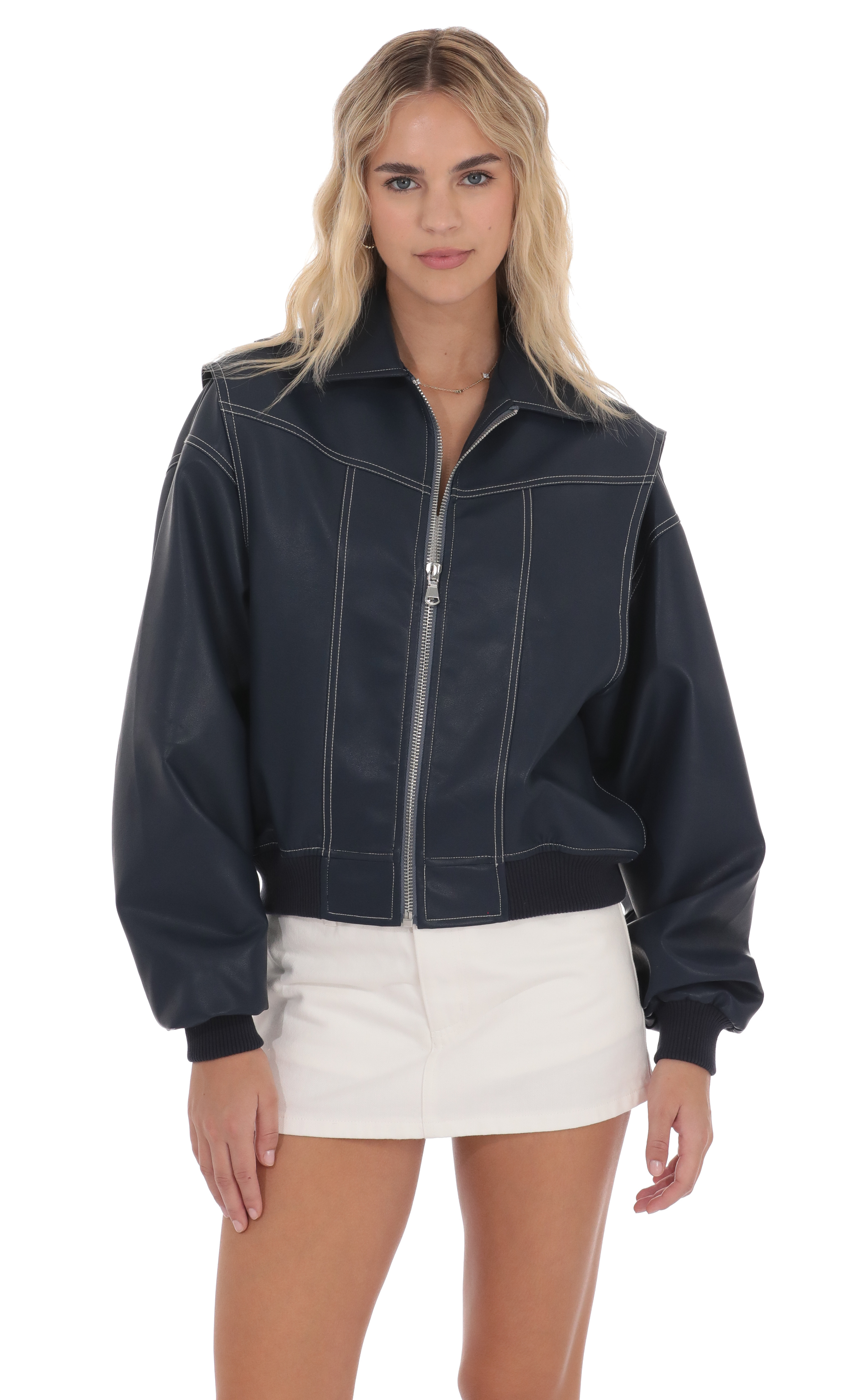 Faux Leather Bomber in Navy