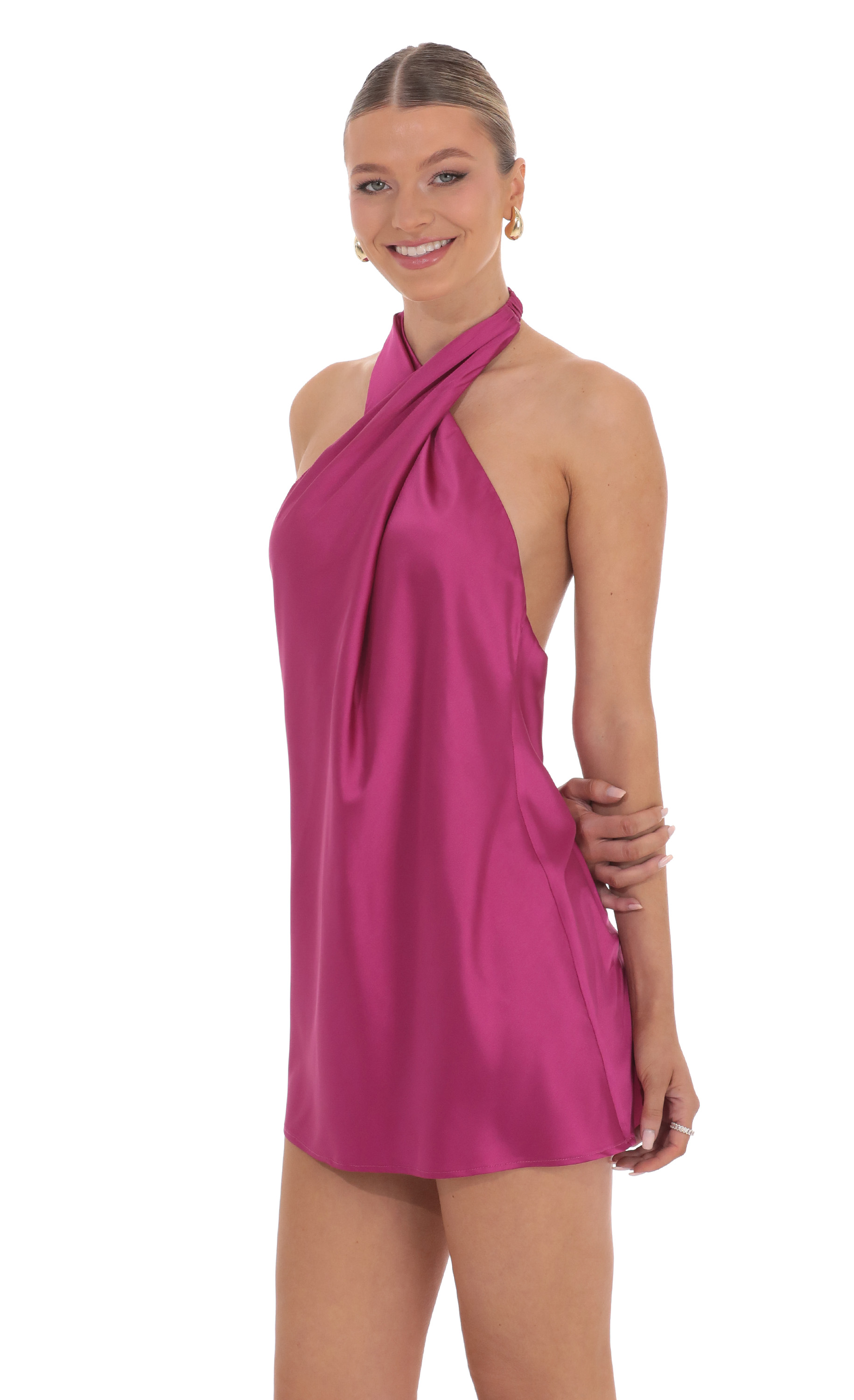 Satin Cross Halter Dress in Magenta | LUCY IN THE SKY