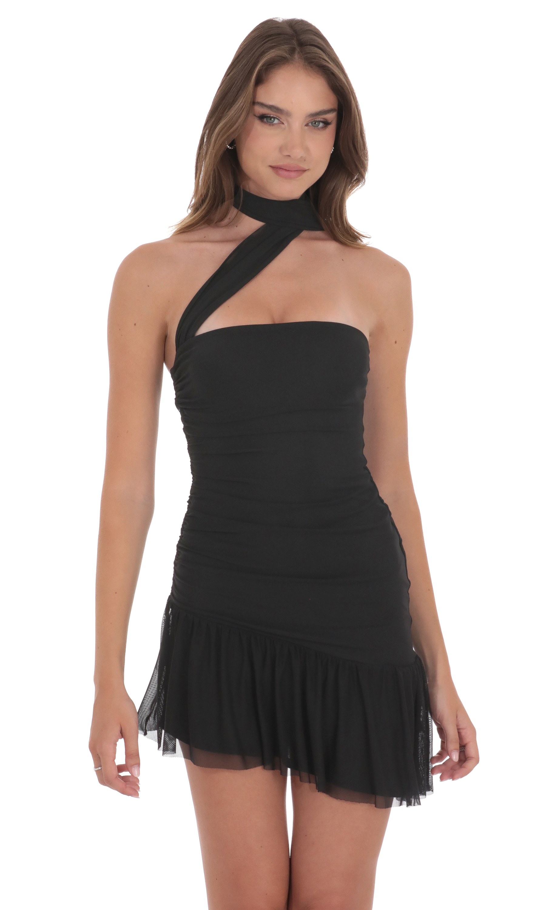 Asymmetrical Mesh Scarf Dress in Black