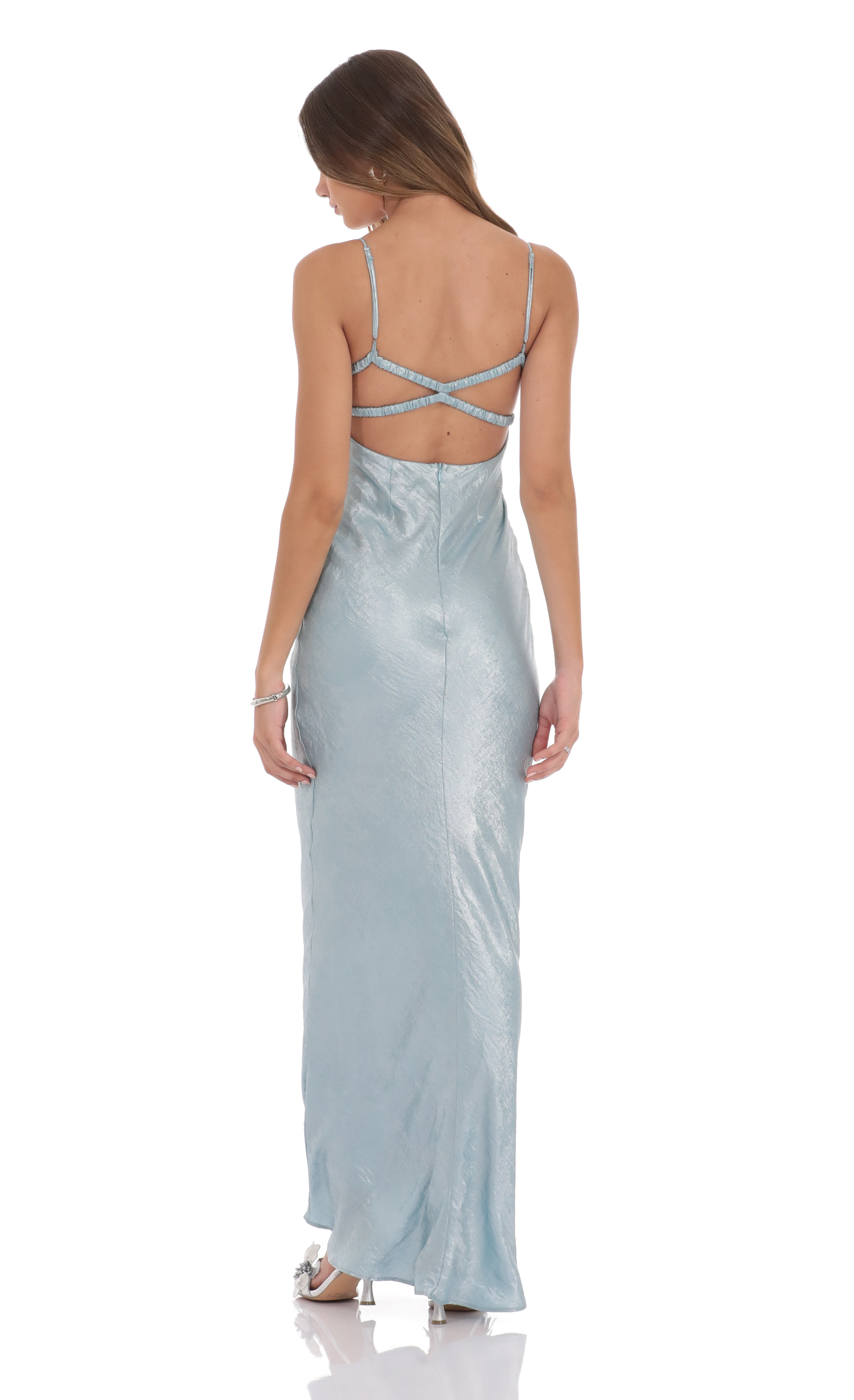 blue grey satin dress Zapakasa Women Simple Grey Blue Mermaid Long Bridesmaid Dress with Slit  Spaghetti Straps Satin Formal Party Dress with Bow
