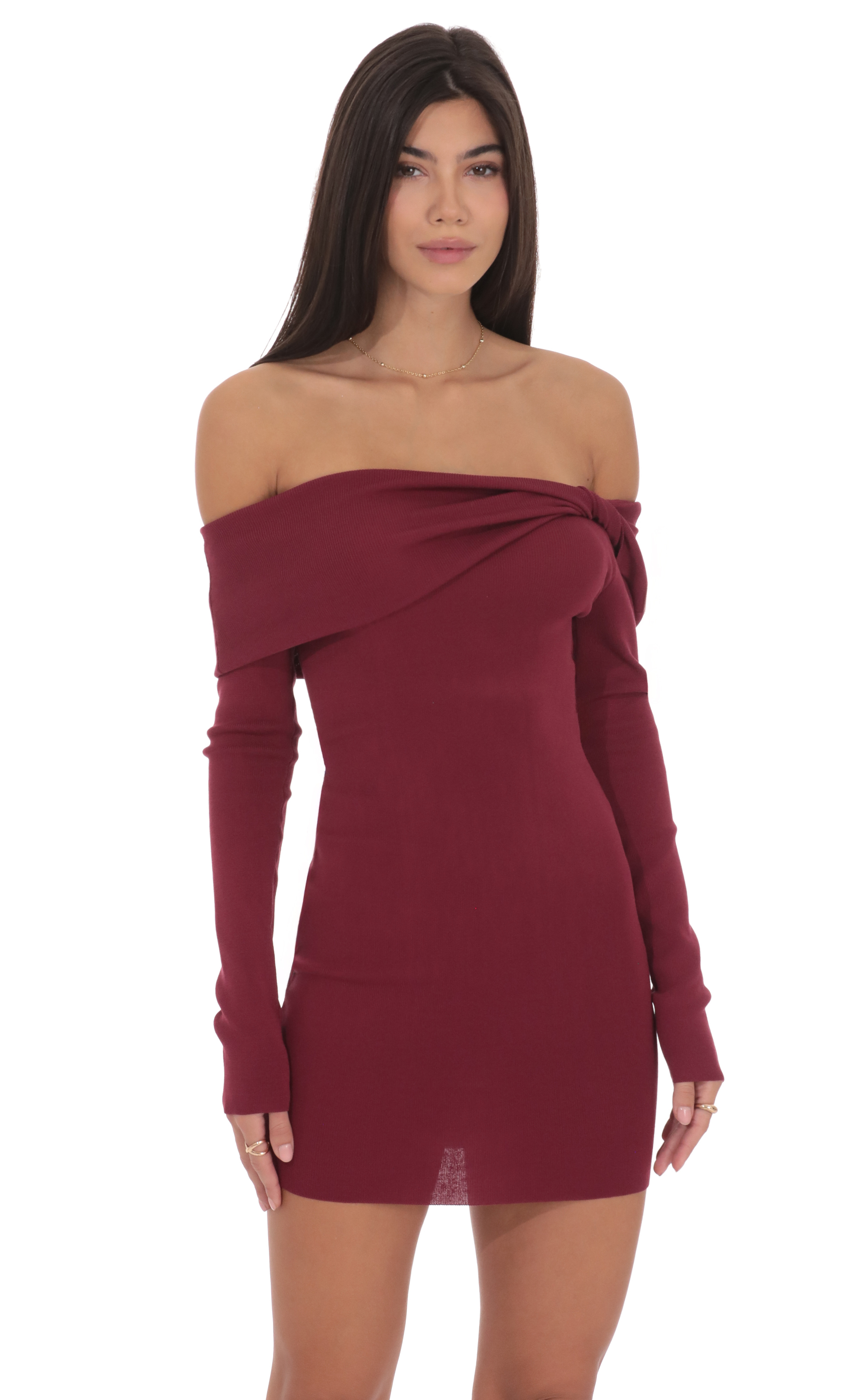 Ribbed Twist Off Shoulder Dress in Plum