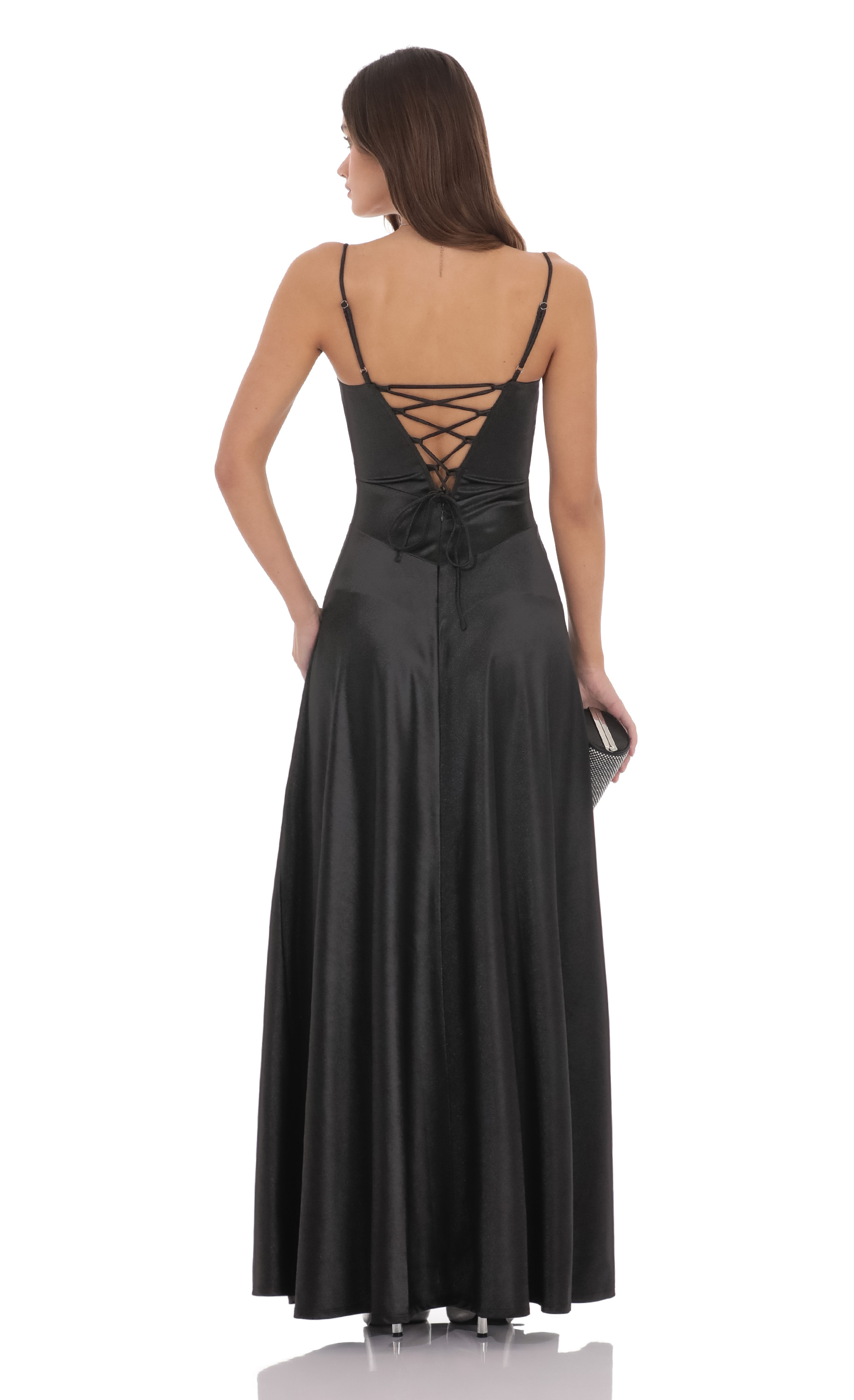 chinese dress ladies Nahanee Black Satin Ruffle Maxi Dress