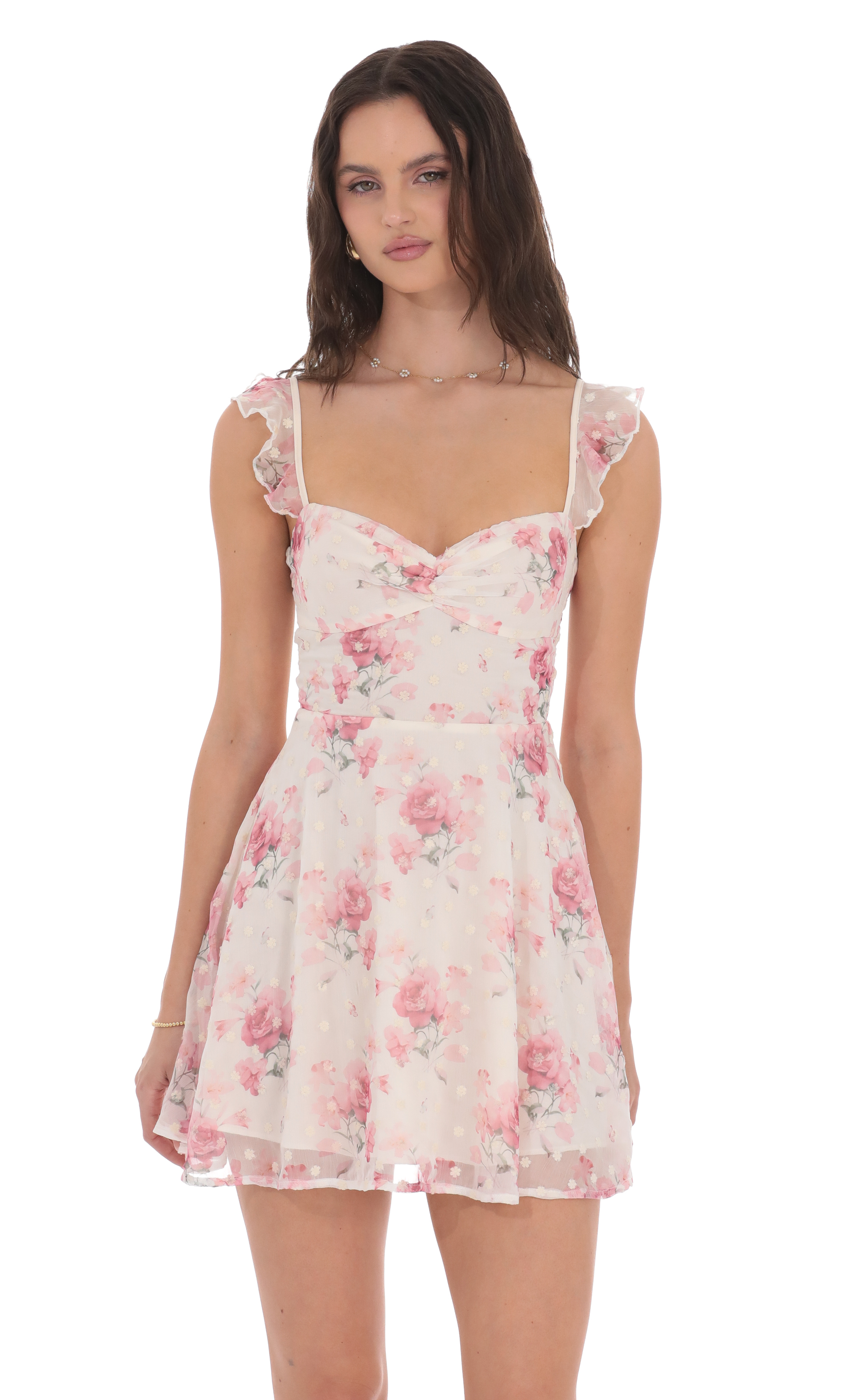 Floral Ruffle Strap A-Line Dress in White