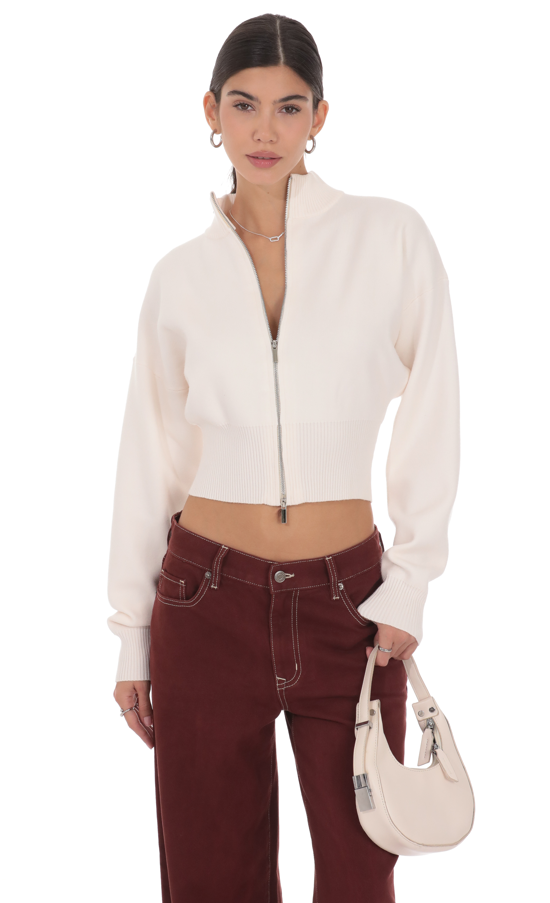 Knit Mock Neck Zip-Up Cardigan in Ivory