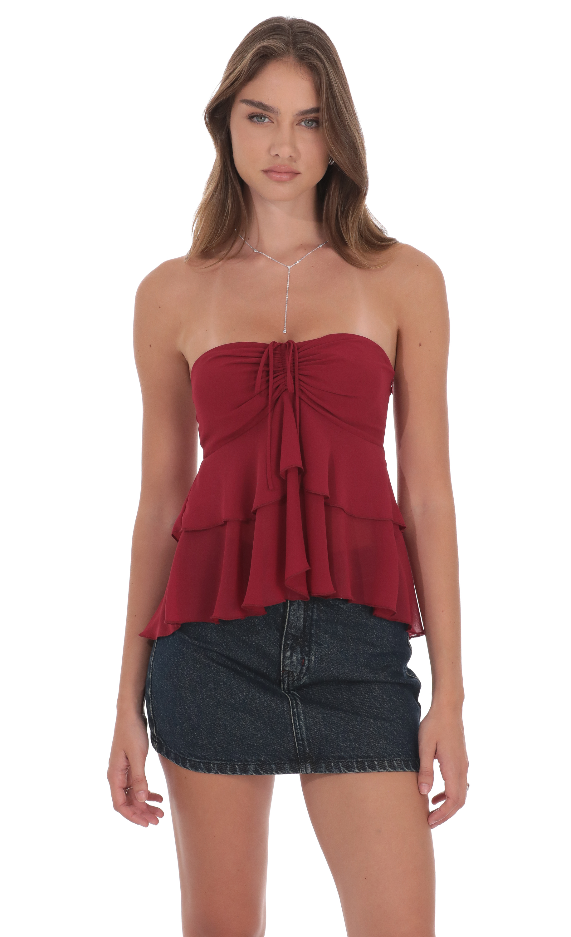 Chiffon Strapless Ruffle Top in Maroon