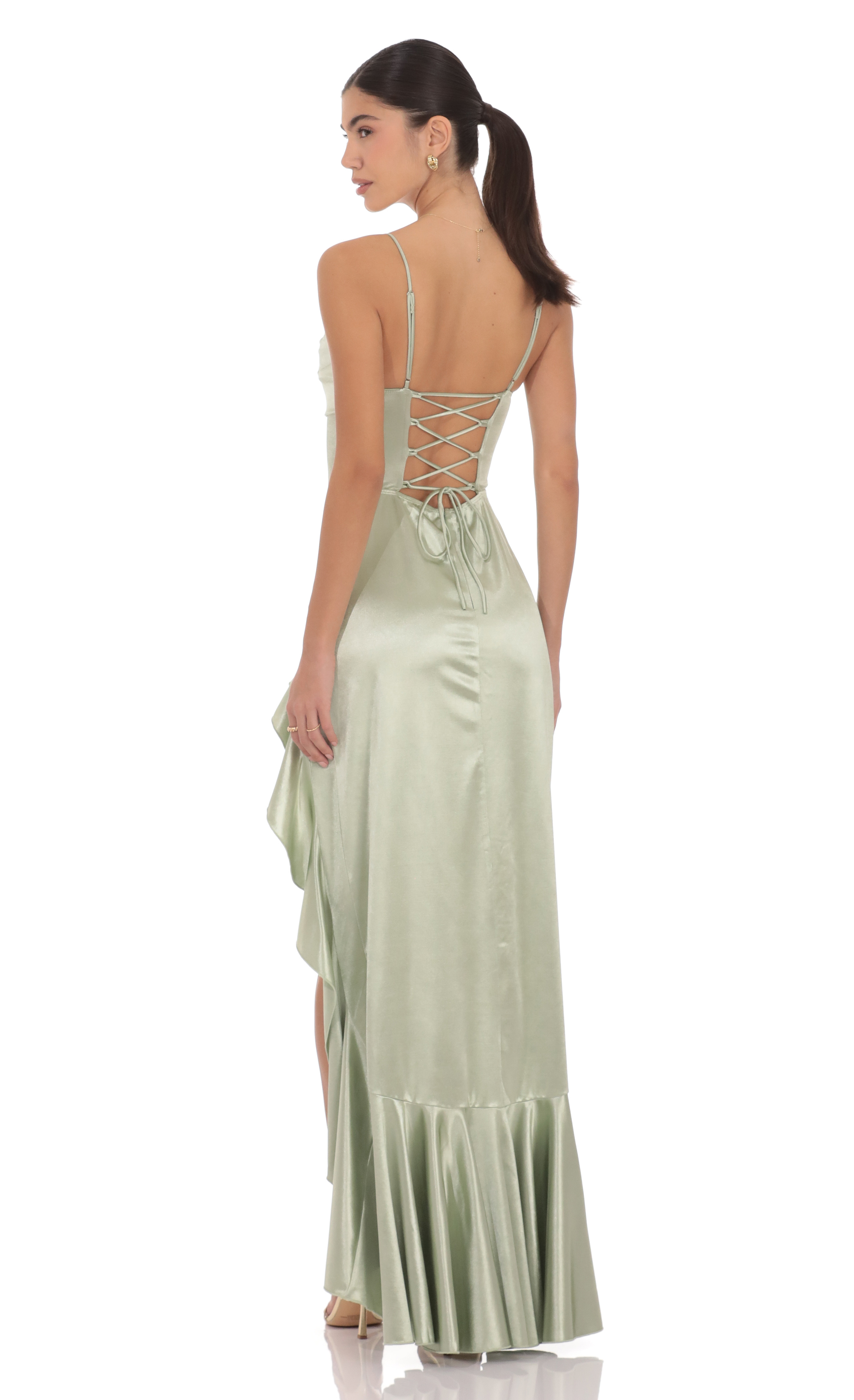Satin Ruffle Maxi Dress in Sage Satin Ruffle Maxi Dress in Sage