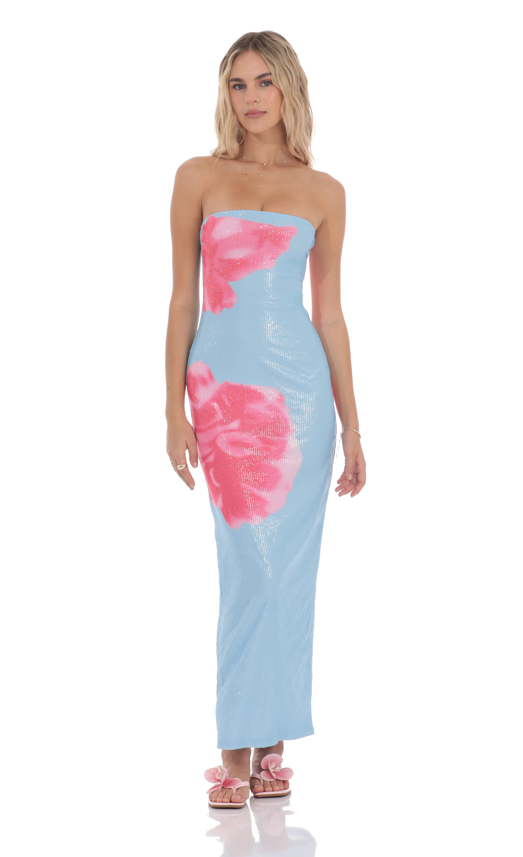 Floral Sequin Strapless Maxi Dress in Blue